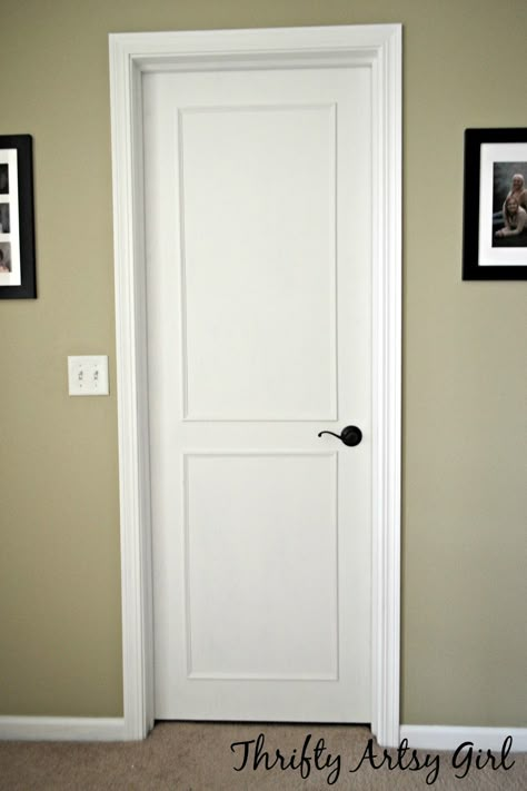 From Hollow Core Bore to a Beautiful Updated Door: DIY Slab Door Makeover using Trim and Paint ~ Thrifty Artsy Girl Diy Panel Door, Diy Doors, Mudroom Makeover, Door Makeover Diy, Closet Door Makeover, Front Door Makeover, Bifold Barn Doors, Hollow Core Doors, Door Diy