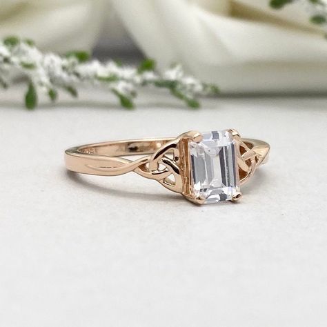 14K Solid Rose Gold Emerald Cut Celtic Ring Simulated Diamond Celtic Engagement Ring Sterling Silver Promise Wedding Ring by xoxojewelryshop on Etsy Celtic Knot Wedding Ring, Celtic Knot Engagement Ring, Wedding Rings Emerald Cut, Garnet Wedding Rings, Celtic Engagement Rings, Celtic Ring, Wedding Rings Round, Celtic Rings, Etsy Wedding Rings