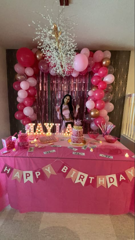 Pink Themed Party Decorations, Pink House Party Decorations, Food Area For Party, 13 Shades Of Pink Party Ideas, Pink Birthday Sleepover Ideas, Simple At Home Birthday Party, Pink Party Food Table, Hot Pink Birthday Ideas, Pink Birthday Decorations At Home