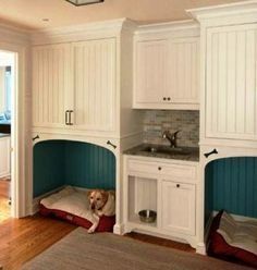 Neat idea for a dog bed. Architectural Arches, Built In Dog Bed, Dog Room Design, New England Style Homes, Beds Twin, Traditional Laundry Room, Mudroom Cabinets, Crazy Home, Real Estat