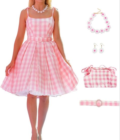 Amazon.com - Child Movie Heroine Cosplay Costume Pink Dress Tights Uniform Halloween Stage Performance Party Costume Barbie Outfits Halloween, Gingham Dress Outfit, Pink Plaid Dress, Barbie Halloween Costume, Dress Tights, Pink Gingham Dress, Barbie Halloween, Pink Costume, Barbie Costume