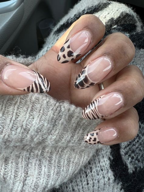 Abstract Animal Print Nails, Tiger Stripe French Tip Nails, French Tip Animal Print Nails, Safari Print Nails, Animals Print Nails, Different Animal Print Nails, Almond Nails Cheetah Print, Animal Print Nails French Tip, Animal Pattern Nails