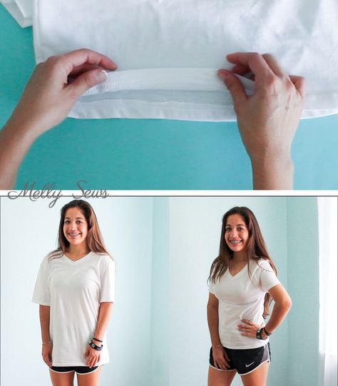 Before and After - How to make a big shirt smaller - take a too large t-shirt and cut it down to size - Photo and video tutorial by Melly Sews How To Make Big Tops Smaller, Making Tshirts Smaller, Shirt Too Big Hacks, Bernina 830, Distressed Tshirt Diy, Shirt Upcycle, Diy Clothes For Women, Melly Sews, T Shirt Hacks