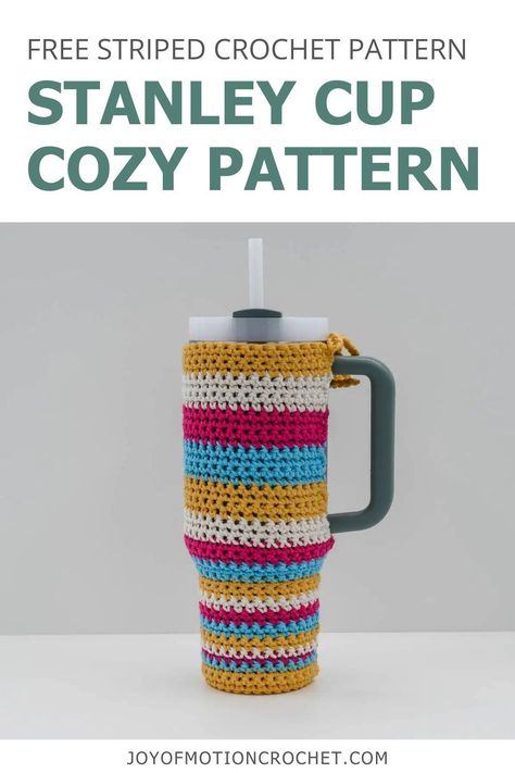 The Striped Crochet Stanley Cup Cover crochet pattern is a great way to personalize the amazing Stanley Quencher. With just some leftover cotton yarn and a little time to kill, you'll quickly whip up this beautiful Stanley Cup accessory. Grab your crochet hook, some yarn and you're ready to customize your Stanley cup so it stands out. Grab this free tumbler sleeve crochet pattern inside! Crochet Stanley Accessories, Crochet Stanley Cup Cozy, Crochet Stanley Cup Holder Free Pattern, Stanley Cup Crochet Holder, Crochet Stanley Cup Accessories, Crochet Stanley Cup Holder, Crochet Can Cozy, Crochet Hook And Yarn, Crochet Cozies