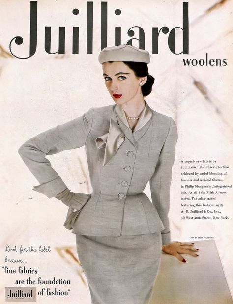 Dovima in suit of Juilliard's blend of worsted and silk by Philip Mangone, hat by John Frederics, Harper's Bazaar, March 1951 Coloured Photography, 40s Suit, Suit Inspiration, 1950s Fashion Women, 50's Fashion, Retro Inspiration, 1950’s Fashion, Vintage Fashion 1950s, Retro Looks