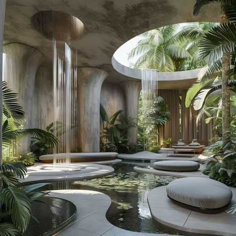 Tropical Dream House, Spa Architecture, Tropical Spa, Nature Luxury, Castle House Design, Epoxy Countertops, Atrium Design, Dreamscape Architecture, Indoor Pool Design