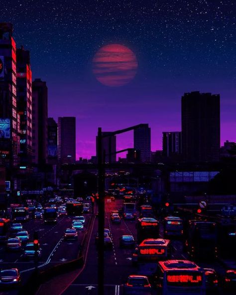 NEON ART 1984 on Instagram: "NIGHT LIGHTS🌃🌌 . . 📸Artist: @neonart1984 . . Follow: @neonart1984 . Available on @mipic_app and @society6 . . . #nostalgia #synthwaveart #synthwave #chillwave#aesthetic #aestheticart #synthwaveaesthetic#vaporwave #vaporwaveaesthetic #neonpink#retrowave #retro #aestheticart #city #cool #art#pink #purple #moon #blue #society6 #cyberpunk" Synthwave Art, Dark Blue Purple, Vaporwave Aesthetic, Neon Art, Large Canvas Prints, Aesthetic Images, Purple Aesthetic, Anime Background, Blue Dark