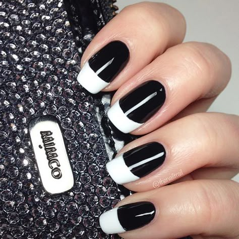 Nails Black With White Tip, White Nail Black Tip, Black And White Formal Nails, White Nails Black Tips, Black Nails White Tips, Black Nails With White Tips, Black And White Toe Nail Designs, White And Black Nail Designs, Black White Nails Designs