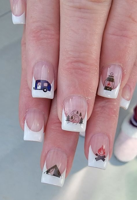 Camping Nail Designs, Camping Nails Designs Easy, Camp Nails Ideas, Road Trip Nail Designs, Outdoor Nails Designs, Camp Nails Designs, Camping Nails Summer, Camping Themed Nails, Road Trip Nails