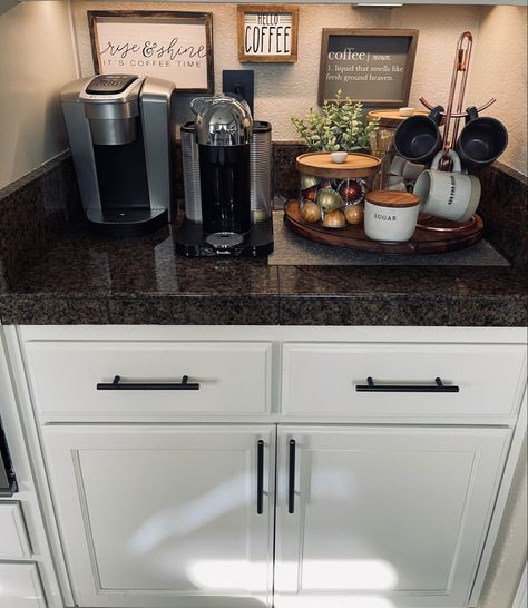 Coffee Machine Set Up In Kitchen, 2 Coffee Machines On Counter, Coffee Pot On Counter Ideas Kitchen, Small Area Coffee Bar Ideas, Coffee Bar Under Cabinet, Under Cabinet Coffee Bar Ideas, Coffee Area In Kitchen Countertops, Coffee Set Up On Kitchen Counter, Counter Top Coffee Bar