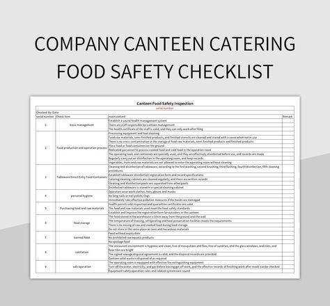 Company canteen catering food safety checklist Canteen Food, Safety Checklist, Safety Inspection, Performance Appraisal, Catering Food, Health Management, Spreadsheet Template, Checklist Template, Excel Templates