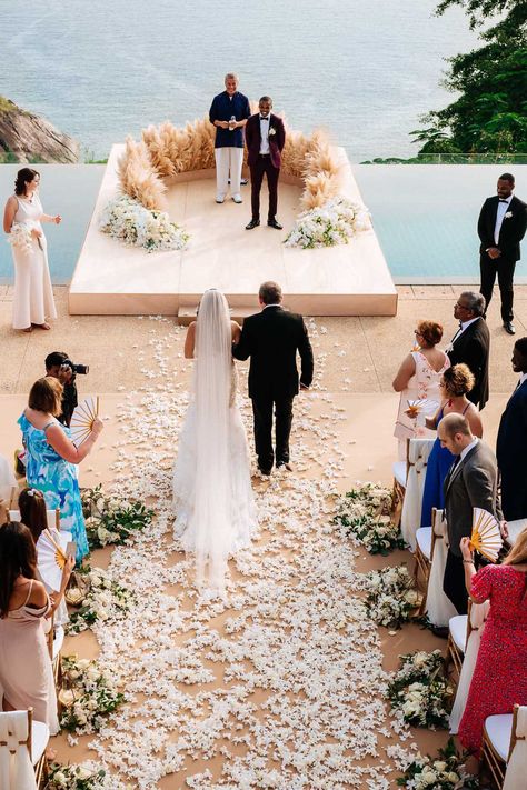 Beach Villa Wedding, Crazy Rich Asians Wedding Aisle, Crazy Rich Asians Wedding Water Aisle, Maldives Wedding Ceremony, Wedding In Thailand, Thailand Beach Wedding, Wedding Flowers Santorini, Aerial Floral Installation Wedding, Beach Wedding Decorations Reception