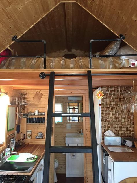 Tiny House - Ladder to loft moves slides out of the way Small Loft Ladder Ideas, Shed Loft Stairs, Hidden Ladder To Loft, Tiny House Loft Stairs Ideas, Tiny House Loft Railing Ideas, Sliding Loft Ladder, Shed Loft Ladder Ideas, Tiny House Loft Ladder, Retractable Loft Ladder Ideas