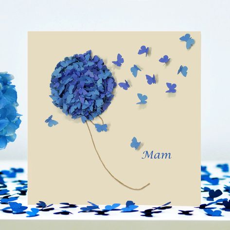 3d Butterfly Art, Butterfly Birthday Cards, Art Papillon, Blue Hydrangea Flowers, Nana Birthday, Mothering Sunday, Butterfly Blue, Memorial Cards, Birthday Cards For Mom