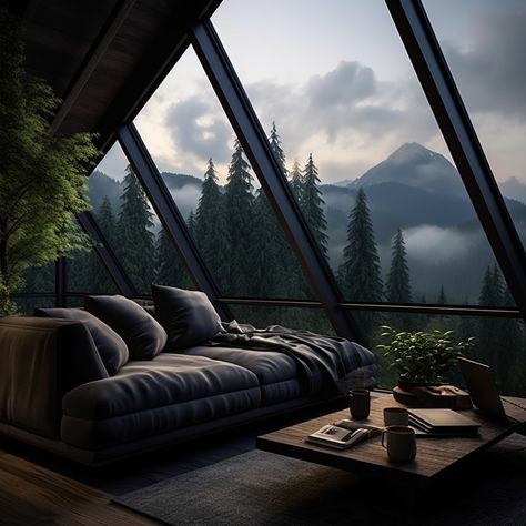 Room With Forest View, Big Window Bedroom, Forest House Aesthetic, Moody Color Scheme, House With Big Windows, House Beautiful Living Rooms, Peaceful Interior, Forest Room, A Frame House Plans