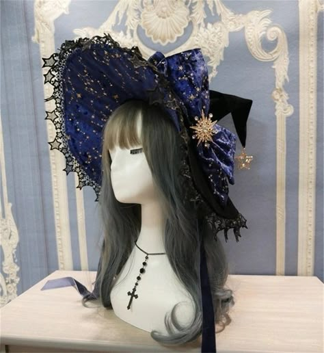 Blue Witch Hat, Black Hat Fashion, Retro Halloween Witch, Blue Witch, Hat With Veil, Witch Hat Halloween, Black Witch Hat, Halloween Party Dress, Rose Thorns