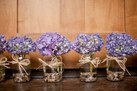 Wedding Centerpieces Purple, Wedding Table Settings Purple, Wedding Centerpieces Flowers, Purple Wedding Centerpieces, Purple Hydrangeas, Most Beautiful Places On Earth, Romantic Rustic Wedding, Jar Centerpieces, Flowers In Jars