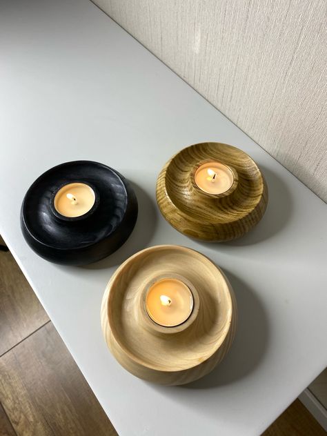 Set of 3 Wooden Tealight Candle Holders | Home Decoration Tealight Holder. #black #tealight #tealightholder #wood #home #homedesign #decoration #aesthetic Candles Holder, Decoration Aesthetic, Wood And Black, Light Candles, Wooden Candle Holders, Wooden Candles, Wood Home, Tealight Candle, Tealight Holder