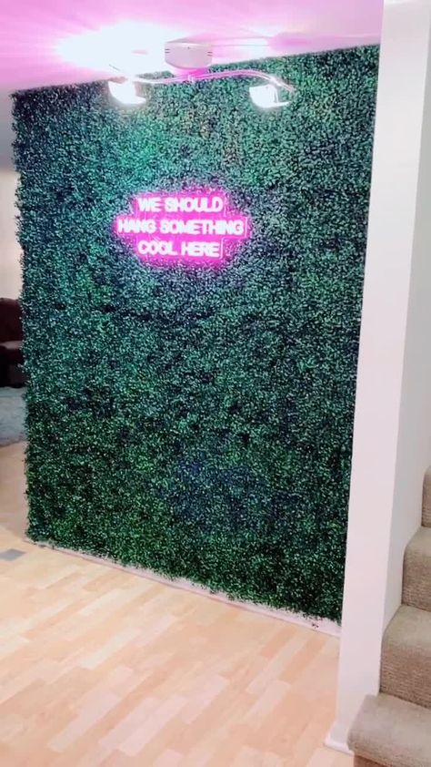 Basement Lash Studio, Grass Wall With Neon Sign Bedroom, Lv Grass Wall Decor, Grass Wall Neon Sign, Grass Wall With Neon Sign, Creator Room Ideas, Content Creator Room, Salon Suite Decor Ideas, Podcast Room Ideas