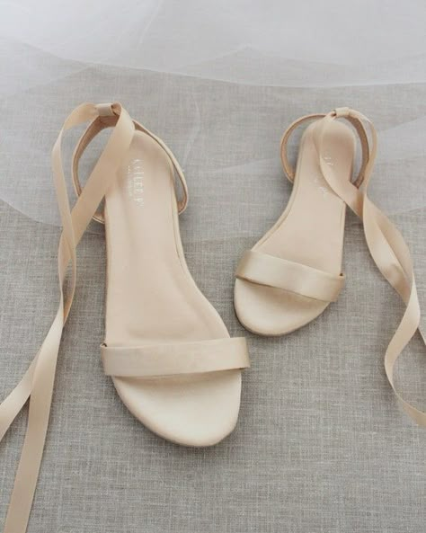 Champagne Satin Flat Sandal With Ballerina Lace Up Bridesmaid | Etsy Prom Flats, Bridesmaid Shoes Flat, Bridesmaid Flats, Flat Sandals Wedding, Kids Heels, Shoes Fall, Nude Flats, Wedding Shoes Flats, Bridal Sandals