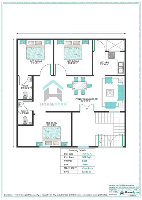 30X30 East Facing 3BHK Ground Floor House Plan | 900 Sqft Plot Floor Plan 30x30 House Plans, 3 Bhk Floor Plan, 3bhk House Plan, Ground Floor House, 30x40 House Plans, House Drawing, Maximize Space, Family Living, Civil Engineering