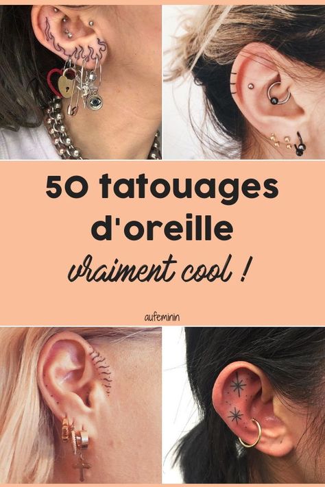 40 tatouages d'oreille, bien plus cool que des piercings ! #piercing #tatouage #tattoo #oreille #aufeminin #beauté Feminine Ear Piercings, Tattoo Oreille, Earring Tattoo, Tragus Tattoo, Ears Tattoo, Tattoo Ear, Le Tattoo, Piercing Tattoo, Neck Tattoo