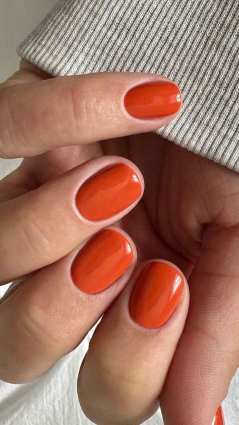 Autumn Gel Manicure, Ginger Nail Color, Pumpkin Colour Nails, Orange Winter Nails, Fall Orange Nail Colors, Short Oval Nails Fall Colors, Short Gel Nails Orange, Aesthetic Orange Nails, Halloween Color Nail Ideas