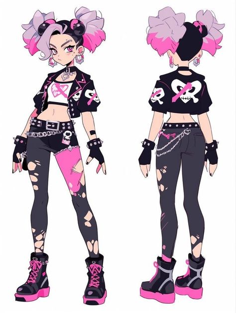 Pastel Punk Art, Goth Outfit Female, Pastel Goth Character Design, Pink Punk Aesthetic Outfits, Punk Anime Female, Punk Outfit Drawing, Oc Outfit Ideas Female, Pastel Character Design, Cyberpunk Clothes Design