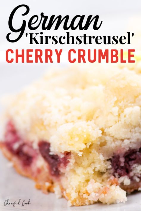 This homemade cherry crumble is an easy yet perfectly moist dessert. Made with just a few simple ingredients like flour, sugar, butter, eggs, and of course cherries, it has a moist base and a classic crumble on top. It’s a truly delicious German treat. #cheerfulcook #cherrycrumble #germandessert #streusel #germanfood ♡ cheerfulcook.com International Recipes Dessert, German Desserts Authentic, Crumble Recipe Easy, Cherry Crumble Recipe, Cheese Wafers, Easy Coffee Cake, German Dessert, Easy German Recipes, Amish Food