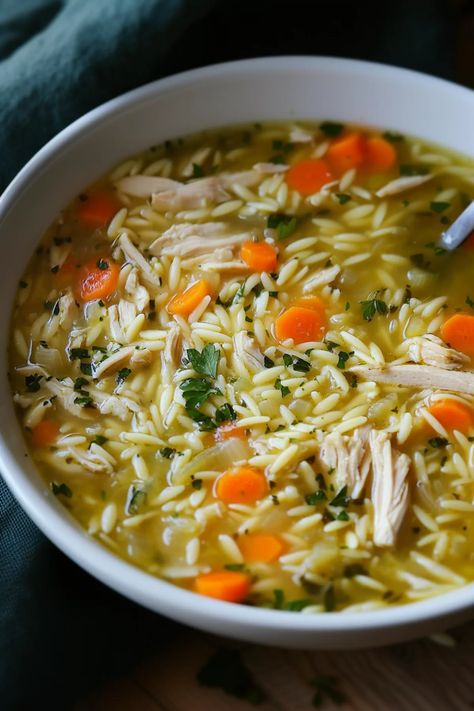 Lemon Chicken Orzo Soup Lemon Garlic Orzo Soup, Orzo Lemon Chicken, Lemon Chicken Noodle Soup, Chicken Lemon Orzo, Lemon Orzo Soup, Lemon Chicken Orzo, Magical Food, Orzo Soup Recipes, Chicken Fresh