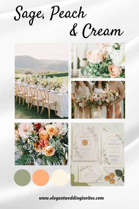 Peach Green White Wedding Color Schemes, Peach Cream Green Wedding, August Wedding Ideas Color Palettes, Sage And Peach Wedding, Sage Green And Peach Wedding, Romantic Wedding Color Palette, Peach And Sage Wedding, Garden Wedding Colors, Wedding Motif Color