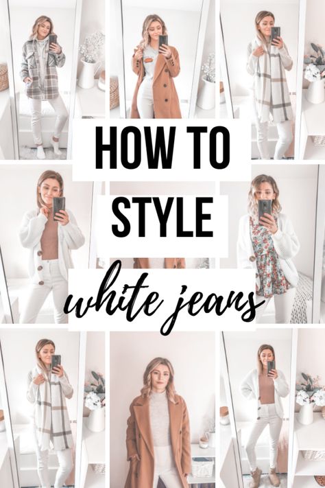 How to Wear White Jeans in Fall/Winter - Cappuccino and Fashion How To Style White Jeans Winter, White Jeans Winter Outfits, White Fall Outfits For Women, Winter Outfits With White Jeans, White Jeans With Boots, How To Wear White Jeans In Winter, White Flair Jeans Outfit, Cream Jeans Outfit Winter, Off White Jeans Outfit