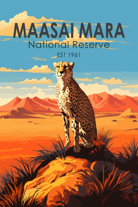 Vintage Maasai Mara Cheetah Poster – A timeless masterpiece of African wildlife. Cheetah Poster, National Parks America, Vintage Postcards Travel, Maasai Mara, Travel Poster Design, 99 Design, Old Advertisements, Park Art, Cheetahs