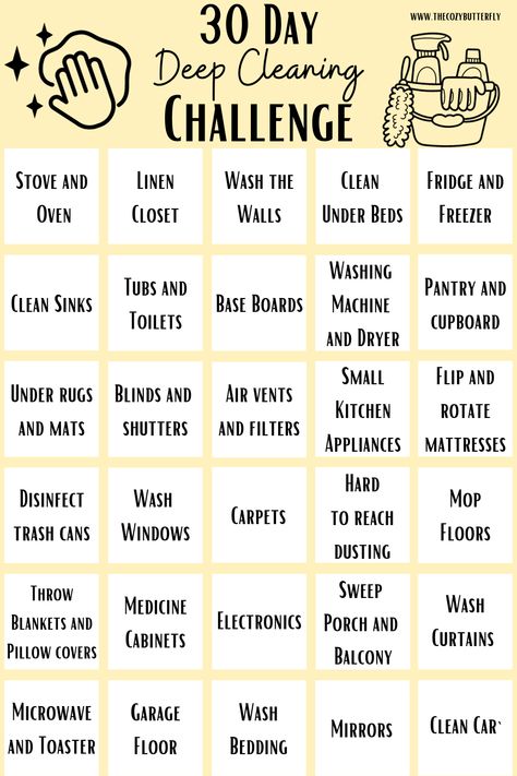 30 Days Of Deep Cleaning Your Home Challenge 🫧🧽 Deep Clean And Organize House, Hoarder Cleaning Tips, How Often To Clean Things Home, Clean House In One Day, Deep Cleaning List, Organizing Checklist, Microwave Sponge, Deep Cleaning Lists, Deep Cleaning House Checklist