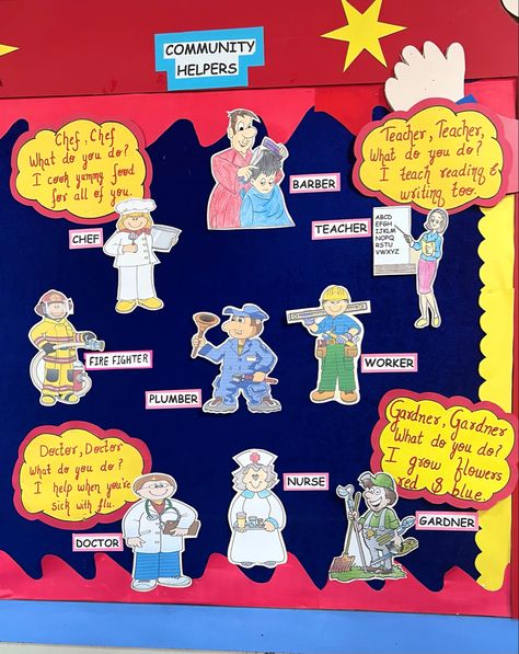 Community Helpers Preschool Decorations, Evs Charts For Class 2, Community Helpers Board Ideas, Community Helpers Theme Board, Chart Presentation Ideas For School, Community Helpers Classroom Decor, Community Helpers Decorations, Helpers Chart Preschool, Community Helper Bulletin Board Ideas