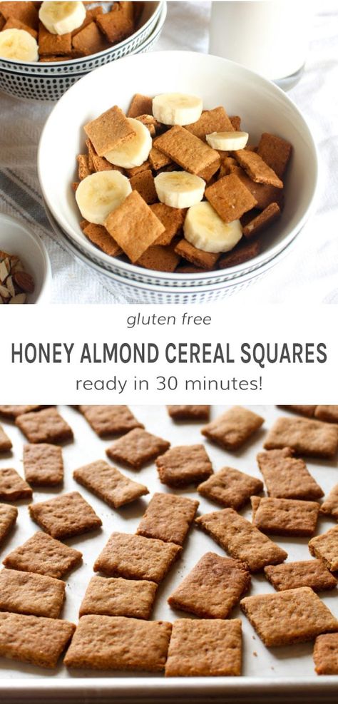 Honey Almond Cereal Squares are crunchy, nutty, sweet and irresistible! A healthy homemade cereal recipe that is seriously easy! Ready in 30 minutes with just 7 panrty ingredients. Make a batch and enjoy it for breakfast all week long. #homemadecerealrecipe #glutenfreecereal | DarnGoodVeggies.com Desayunos Healthy, Cereal Squares, Cereal Recipes Homemade, Miel Pops, Posh Restaurant, Diy Cereal, Breakfast Quotes, Meals Breakfast, Homemade Cereal