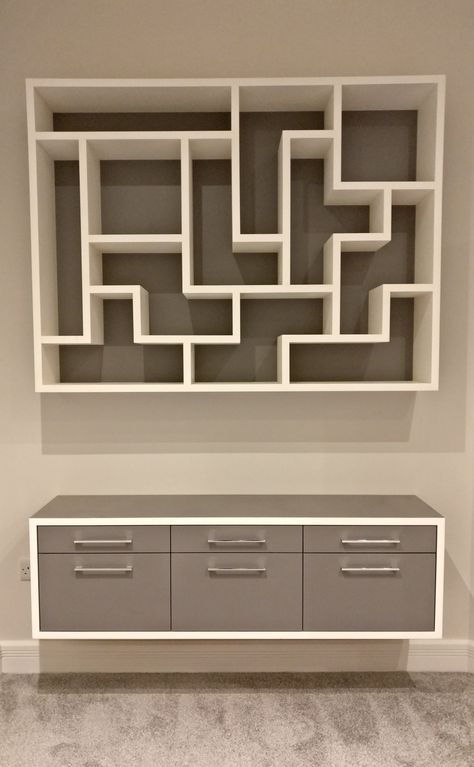 Loft Remodel, Video Game Shelf, Nerd Decor, Staircase Interior Design, Office Break Room, Nerd Room, Geometric Shelves, Lol Pics, Video Game Rooms