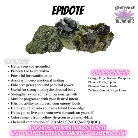 For more information on Epidote visit the LYC Crystal Dictionary @ gemsbylyc.com Glaucophane Crystal Meaning, Chrome Diopside Crystal Meaning, Prehnite With Epidote Meaning, Epidote Crystal Meaning, Crystal Dictionary, Crystal Divination, Crystal Cards, Crystals Magic, Epidote Crystal