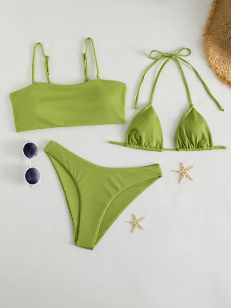 Lime Green Cute   Polyester Plain  Embellished High Stretch  Women Beachwear Lime Green Swimsuit, 3 Piece Swimsuit Set, 3 Piece Swimsuit, Triangle Bathing Suit, Green Swimsuit, Swim Suits, Summer Bikinis, Swimsuit Set, Beachwear For Women