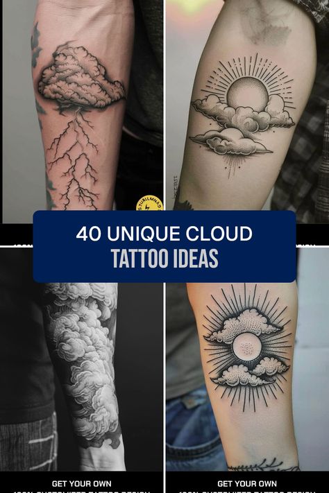 Searching for cloud tattoo ideas that aren't ordinary? Check out this collection of 40 stunning and unique designs! Whether you're thinking about a storm cloud tattoo that represents strength or a beautifully blended cloud and sun tattoo for a serene touch, we've got amazing suggestions Rain Tatoos Ideas, Light At The End Of The Tunnel Tattoo, Storm Clouds Tattoo, Cloud And Stars Tattoo, Storm Cloud Tattoo, Cloud Tattoo Ideas, Cloud Tattoos, Cloud Tattoo Design, Storm Tattoo