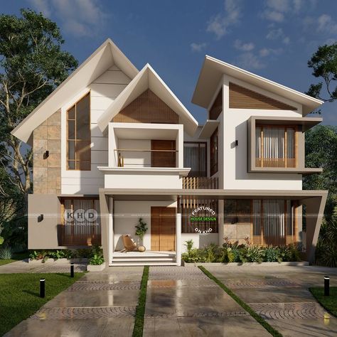 Sloping roof Kerala house design Modern House Front Elevation, Contemporary Elevation, House Front Elevation, Building Front Designs, Building Design Plan, Sloping Roof, Double Storey House, House Outer Design, Front Elevation Designs