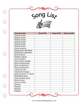 Whether you have a band, orchestra, CD or DJ, you need to know the song list for your ceremony and reception. Keep track of the songs for the procession, for dinner, drinks and dancing with the Wedding Planner Playlist. Free to download and print Planner Worksheets, Wedding Budget Spreadsheet, Printable Organizer, Wedding Song List, Free Wedding Planner Printables, Wedding Checklist Budget, Wedding Planning List, Wedding Budget Breakdown, Wedding Planner Website