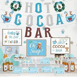 Hokinaa Hot Chocolate Bar Kit - 42 Pcs Blue Hot Cocoa Bar Banner Baby Its Cold Outside Baby Shower Hot Choco Toppings Labels Cup Tags Stickers for Winter Wonderland Party Decorations Holiday Supplies Winter Wonderland Party Decorations, Bar Banner, Christmas Gender Reveal, Themed Gender Reveal, Hot Choco, Wonderland Party Decorations, Baby Bar, Outside Baby Showers, Hot Chocolate Bar