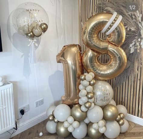 Birthday Ballons Idea, Balloon 18th Birthday, 16 Ballon Arrangement, Balloons 18th Birthday, Gold And Cream Birthday Party Decor, 80 Balloon Decor, 18th Birthday Balloon Bouquet, 50th Balloon Bouquet, Number Balloon Arrangements