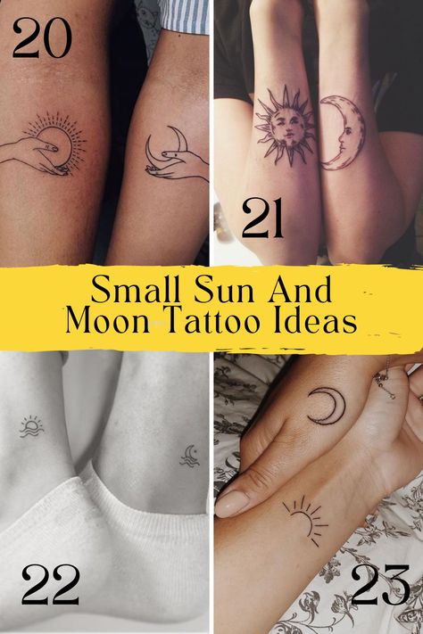 23 Sizzling Sun Tattoo Ideas + Designs - Tattoo Glee Small Tattoos Moon And Sun, Sun And A Moon Tattoo, Sun And Moon Tattoo With Flowers, Small Sun And Moon Tattoo Ideas, Sun Moon Couple Tattoo, Sun And Moon Tattoo Matching Couple, Sun Moon Tattoo Matching, Sun Tattoo With Flowers, Flower Sun Tattoo