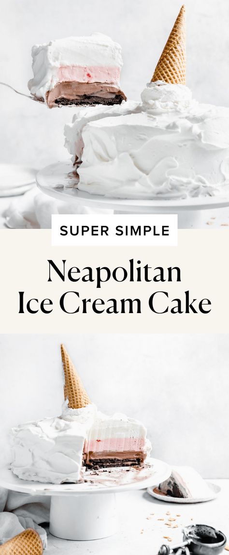 Neapolitan Ice Cream Cake - Broma Bakery Vanilla And Strawberry Ice Cream, Neapolitan Ice Cream Cake, Neopolitan Cake, Strawberry Ice Cream Cake, Homemade Ice Cream Cake, Broma Bakery, Neapolitan Ice Cream, Oreo Cookie Crust, Ice Cream Cake Recipe