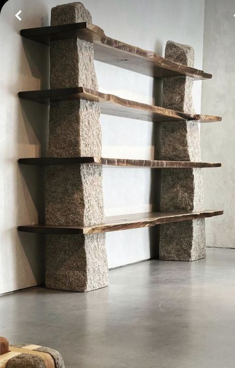 Wabi Sabi Nightstand, Stone Bookshelf, Concrete Shelves, Stone Shelves, Rock Furniture, Rock Shelf, Stone Shelf, Stone Furniture, Stone And Wood