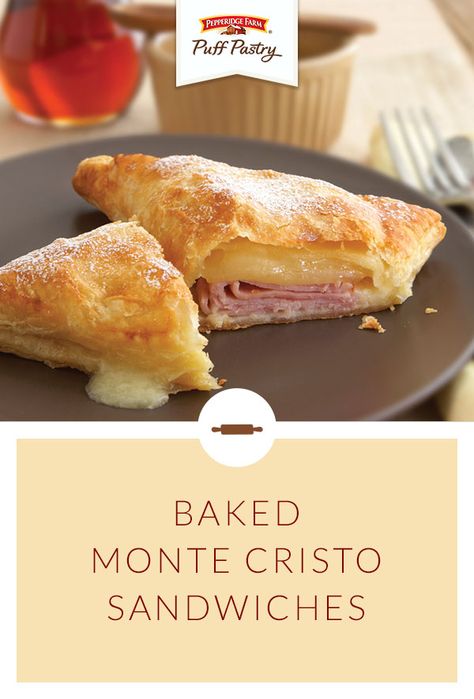 Pepperidge Farm Puff Pastry Baked Monte Cristo Sandwiches. Elevate this classic brunch dish with Puff Pastry. Triangles of Puff Pastry are stuffed with ham and cheese and baked to gooey perfection. Sprinkle with confectioners’ sugar and drizzle with maple syrup for a perfectly sweet and savory flavor combination. Pepperidge Farm Puff Pastry, Monte Cristo Sandwich, Monte Cristo, Puff Pastry Recipes, Think Food, Soup And Sandwich, Pastry Recipes, Puff Pastry, I Love Food