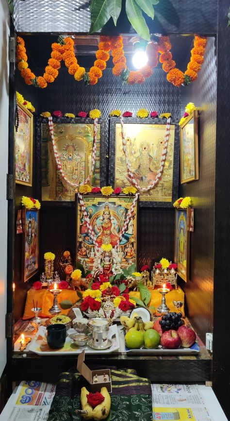 Varalakshmi vratham Laxmi Puja, Varalakshmi Vratham, Pooja Decoration, Salt Painting, Puja Room, Devotional Quotes, Pooja Room, Goddess Lakshmi, Pooja Rooms