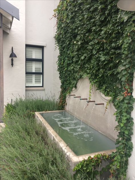 Fountain Against Wall, Cottage Garden Water Features, Courtyard Wall Fountain, Small Courtyard Water Feature, Rooftop Fountain, English Garden Water Feature, Patio Water Features Ideas, French Courtyard Garden Ideas, Fountain Garden Aesthetic